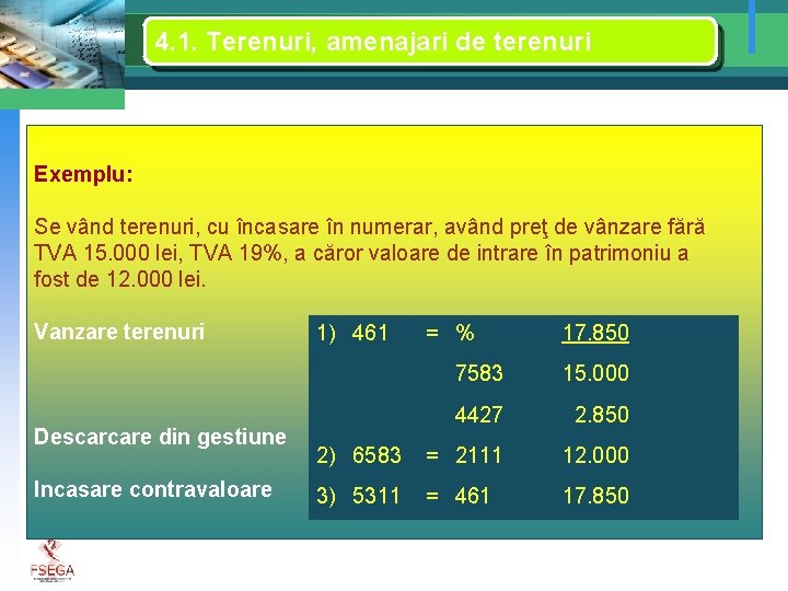 4. 1. Terenuri, amenajari de terenuri Exemplu: Se vând terenuri, cu încasare în numerar,