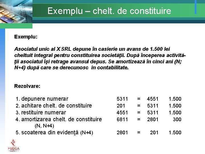Exemplu – chelt. de constituire Exemplu: Asociatul unic al X SRL depune în casierie