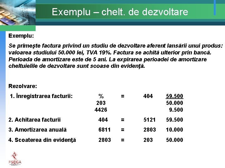Exemplu – chelt. de dezvoltare Exemplu: Se primeşte factura privind un studiu de dezvoltare