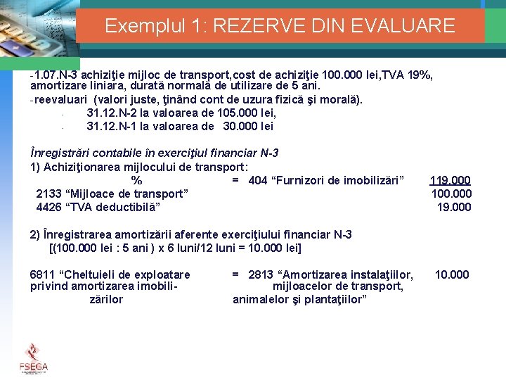 Exemplul 1: REZERVE DIN EVALUARE -1. 07. N-3 achiziţie mijloc de transport, cost de