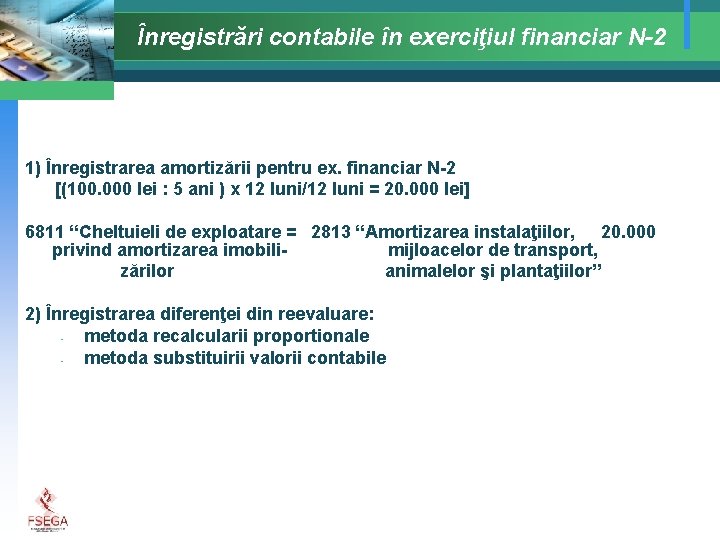 Înregistrări contabile în exerciţiul financiar N-2 1) Înregistrarea amortizării pentru ex. financiar N-2 [(100.