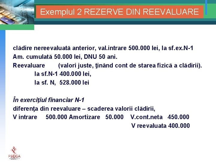 Exemplul 2 REZERVE DIN REEVALUARE clădire nereevaluată anterior, val. intrare 500. 000 lei, la