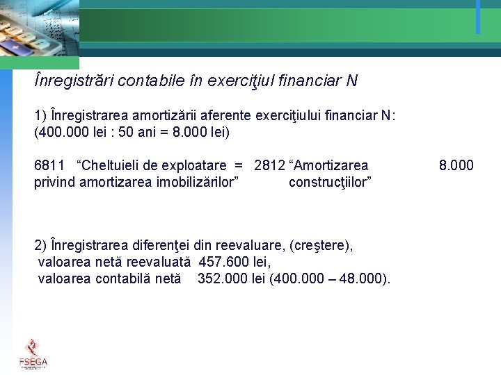 Înregistrări contabile în exerciţiul financiar N 1) Înregistrarea amortizării aferente exerciţiului financiar N: (400.
