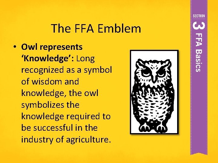 The FFA Emblem • Owl represents ‘Knowledge’: Long recognized as a symbol of wisdom The FFA Emblem • Owl represents ‘Knowledge’: Long recognized as a symbol of wisdom