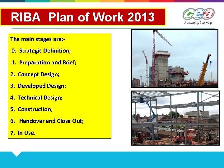 RIBA Plan of Work 2013 The main stages are: 0. Strategic Definition; 1. Preparation