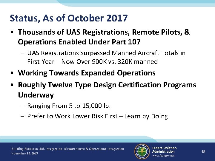 Status, As of October 2017 • Thousands of UAS Registrations, Remote Pilots, & Operations