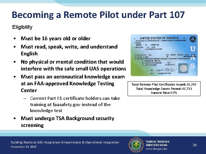 Becoming a Remote Pilot under Part 107 Eligibility • Must be 16 years old