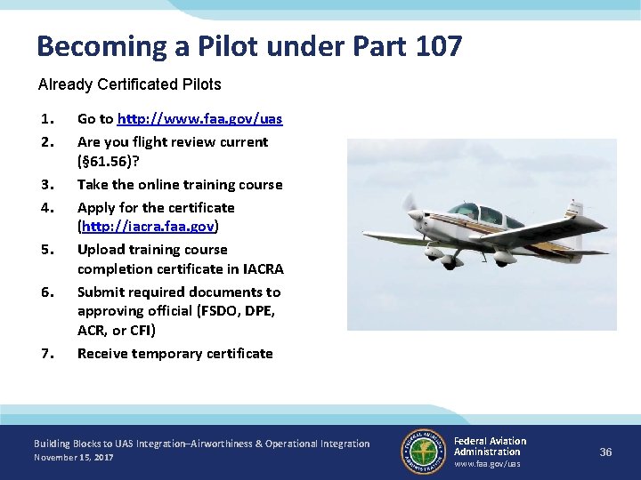Becoming a Pilot under Part 107 Already Certificated Pilots 1. 2. 3. 4. 5.