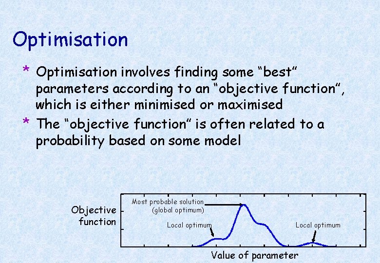 Optimisation * Optimisation involves finding some “best” parameters according to an “objective function”, which