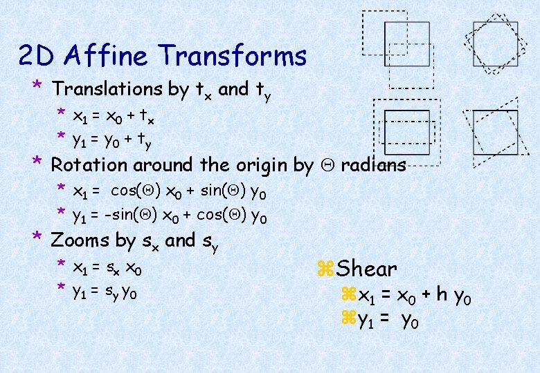 2 D Affine Transforms * Translations by tx and ty * x 1 =