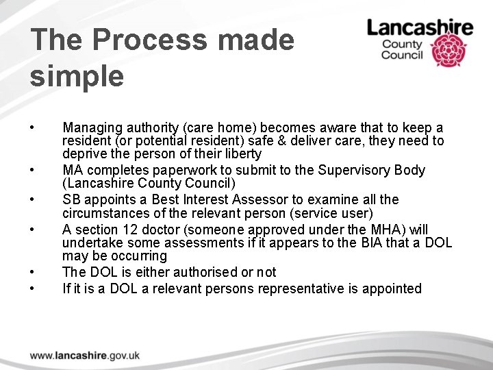The Process made simple • • • Managing authority (care home) becomes aware that