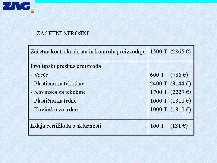 1. ZAČETNI STROŠKI Začetna kontrola obrata in kontrola proizvodnje 1500 T (2365 €) Prvi