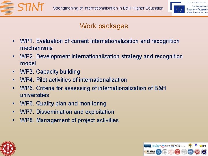Strengthening of Internationalisation in B&H Higher Education Work packages • WP 1. Evaluation of
