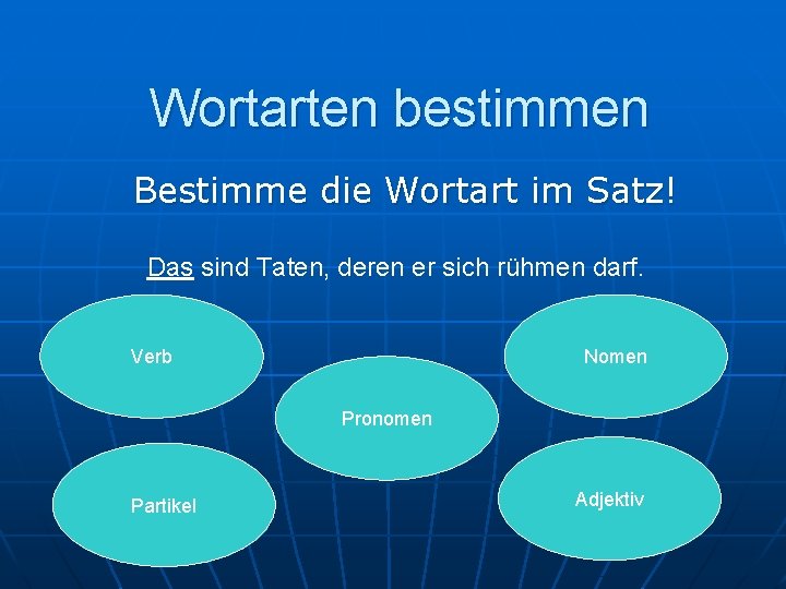 Wortarten bestimmen Bestimme die Wortart im Satz! Das sind Taten, deren er sich rühmen