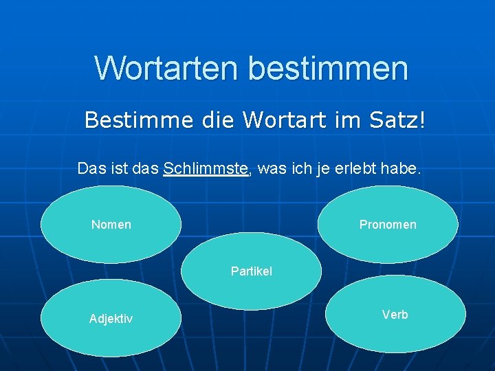 Wortarten bestimmen Bestimme die Wortart im Satz! Das ist das Schlimmste, was ich je