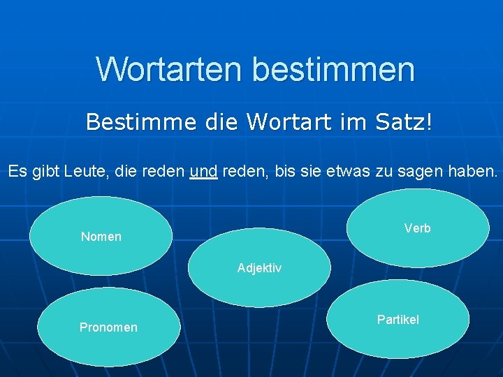 Wortarten bestimmen Bestimme die Wortart im Satz! Es gibt Leute, die reden und reden,