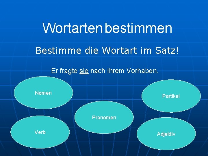 Wortarten bestimmen Bestimme die Wortart im Satz! Er fragte sie nach ihrem Vorhaben. Nomen