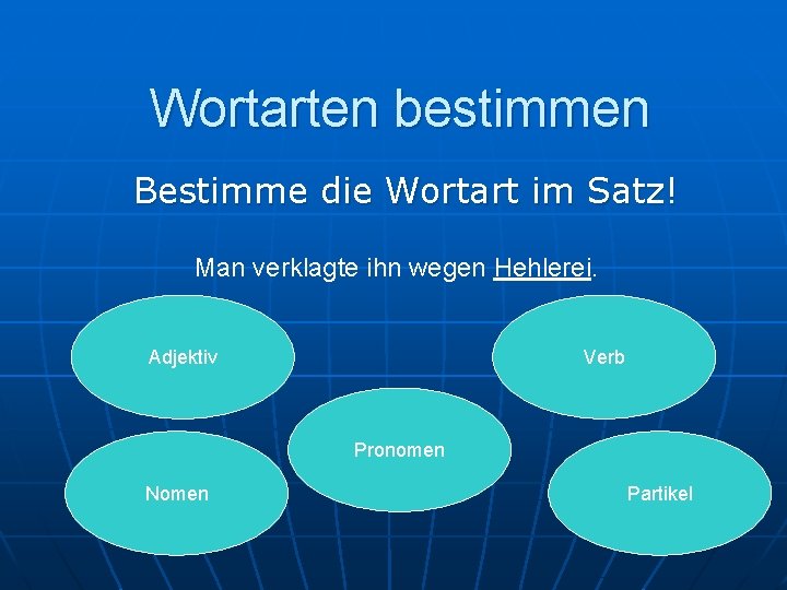 Wortarten bestimmen Bestimme die Wortart im Satz! Man verklagte ihn wegen Hehlerei. Adjektiv Verb