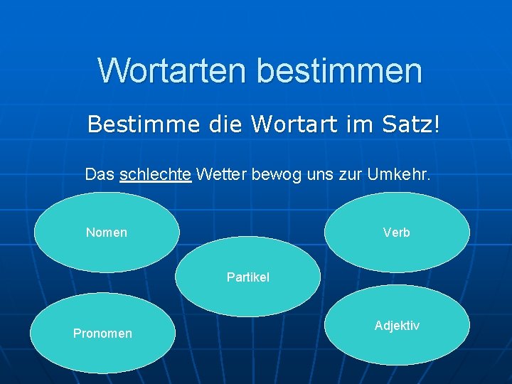 Wortarten bestimmen Bestimme die Wortart im Satz! Das schlechte Wetter bewog uns zur Umkehr.