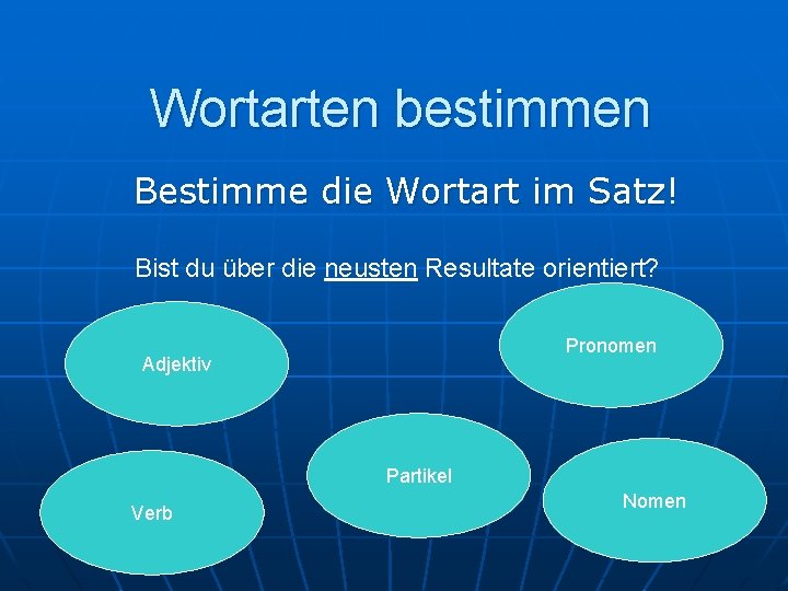 Wortarten bestimmen Bestimme die Wortart im Satz! Bist du über die neusten Resultate orientiert?