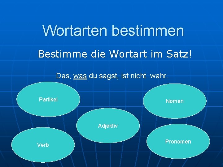 Wortarten bestimmen Bestimme die Wortart im Satz! Das, was du sagst, ist nicht wahr.