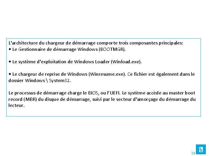 L'architecture du chargeur de démarrage comporte trois composantes principales: • Le Gestionnaire de démarrage