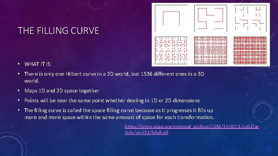 THE FILLING CURVE • WHAT IT IS: • There is only one Hilbert curve