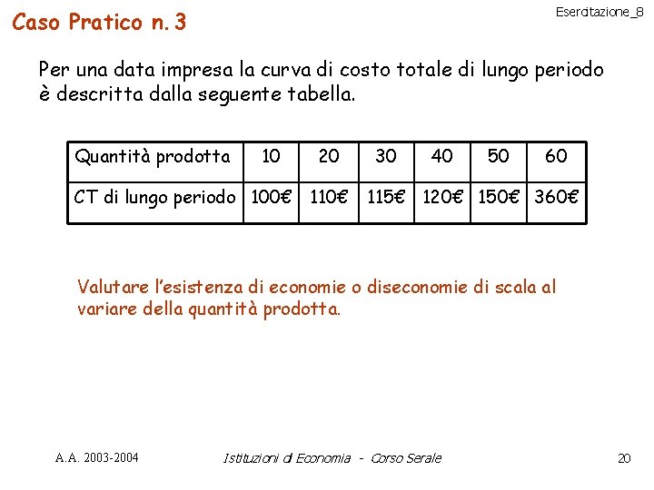 Esercitazione_8 Caso Pratico n. 3 Per una data impresa la curva di costo totale