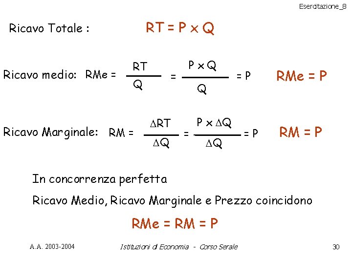 Esercitazione_8 RT = P x Q Ricavo Totale : Ricavo medio: RMe = RT
