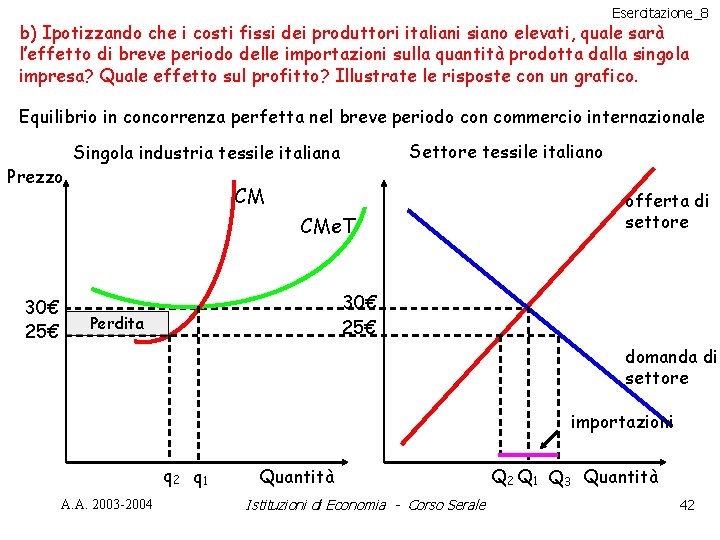 Esercitazione_8 b) Ipotizzando che i costi fissi dei produttori italiani siano elevati, quale sarà