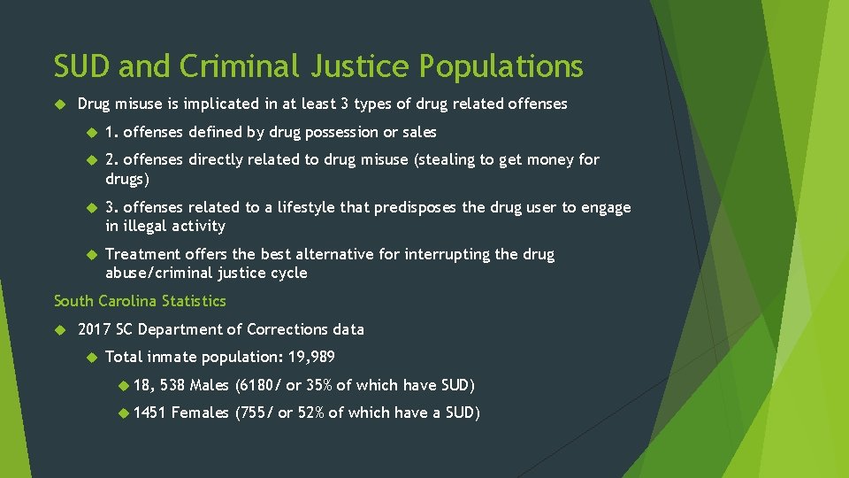 SUD and Criminal Justice Populations Drug misuse is implicated in at least 3 types