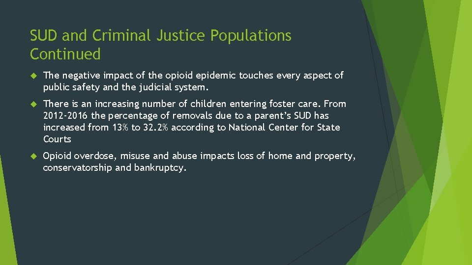 SUD and Criminal Justice Populations Continued The negative impact of the opioid epidemic touches