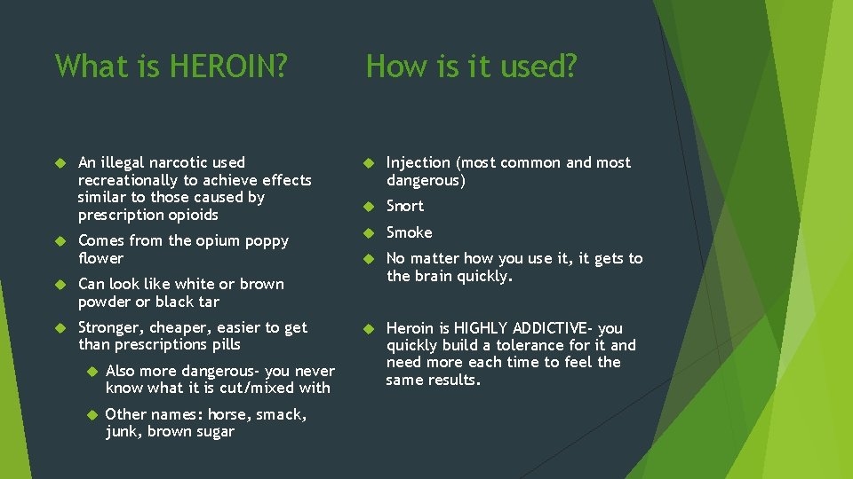 What is HEROIN? How is it used? An illegal narcotic used recreationally to achieve