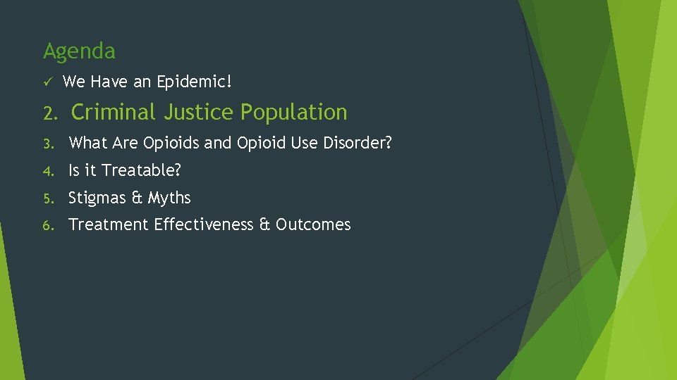 Agenda ü We Have an Epidemic! 2. Criminal Justice Population 3. What Are Opioids