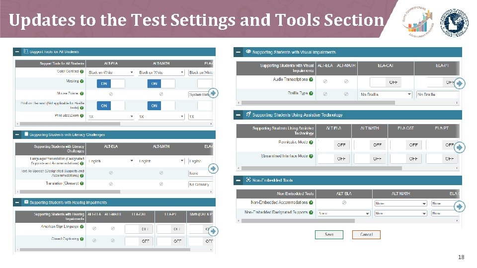 Updates to the Test Settings and Tools Section 18 