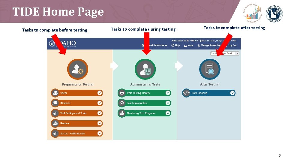 TIDE Home Page Tasks to complete before testing Tasks to complete during testing Tasks