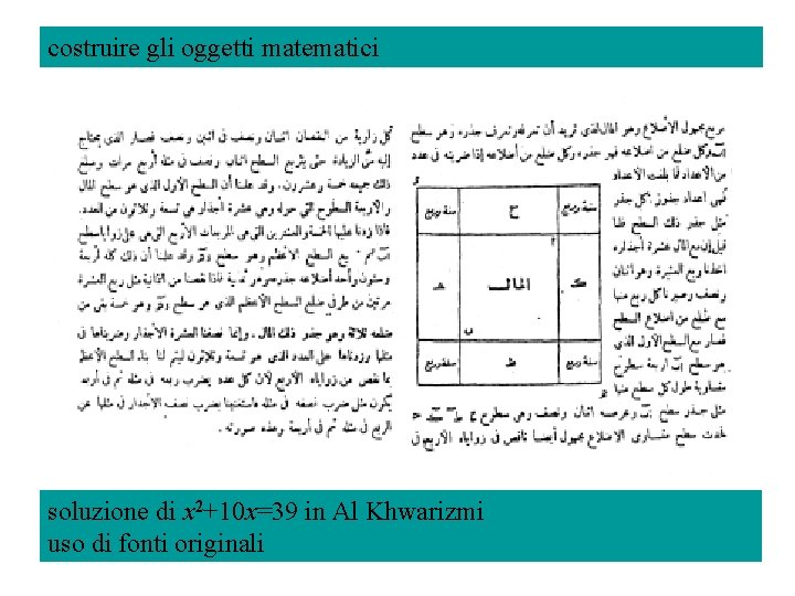 costruire gli oggetti matematici soluzione di x 2+10 x=39 in Al Khwarizmi uso di