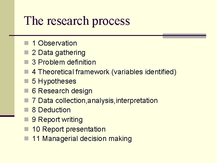 The research process n n n 1 Observation 2 Data gathering 3 Problem definition