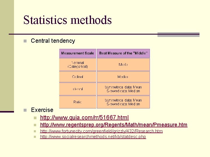 Statistics methods n Central tendency n Exercise n http: //www. quia. com/rr/51667. html n