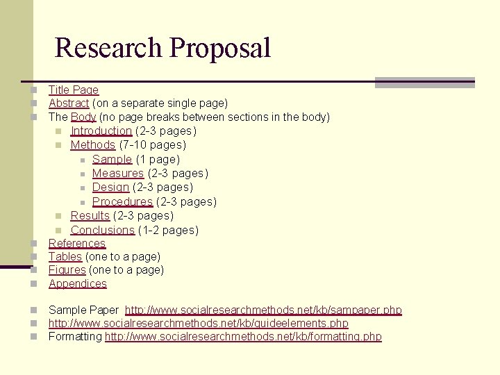 Research Proposal n n n Title Page Abstract (on a separate single page) The