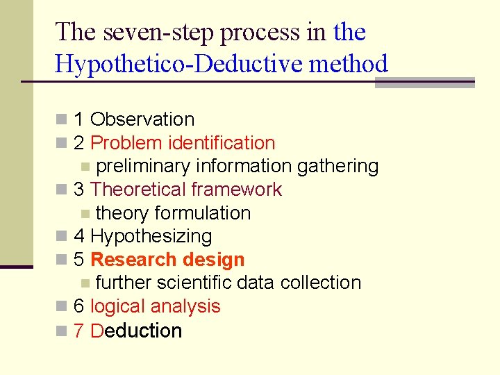 The seven-step process in the Hypothetico-Deductive method n 1 Observation n 2 Problem identification