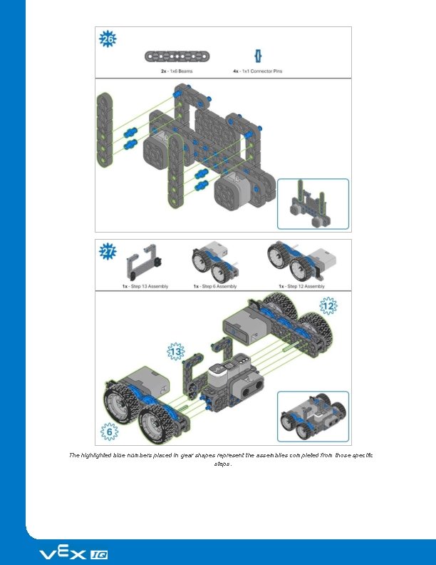 The highlighted blue numbers placed in gear shapes represent the assemblies completed from those