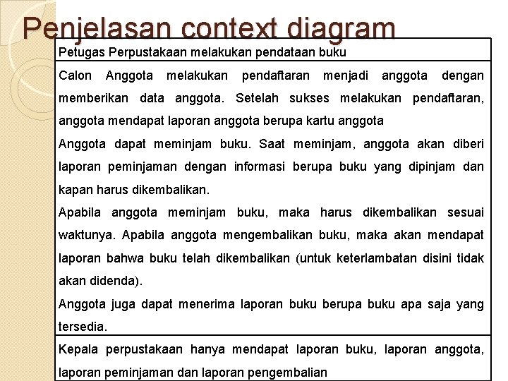 Penjelasan context diagram Petugas Perpustakaan melakukan pendataan buku Calon Anggota melakukan pendaftaran menjadi anggota Penjelasan context diagram Petugas Perpustakaan melakukan pendataan buku Calon Anggota melakukan pendaftaran menjadi anggota