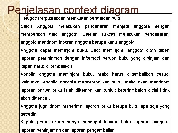 Penjelasan context diagram Petugas Perpustakaan melakukan pendataan buku Calon Anggota melakukan pendaftaran menjadi anggota