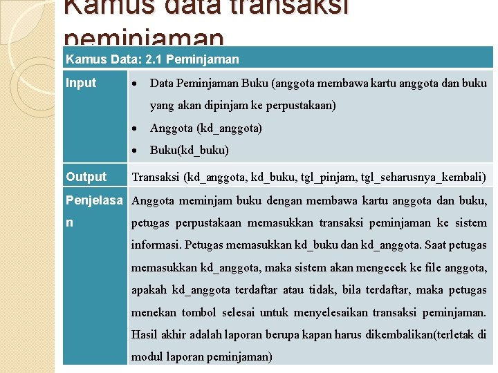 Kamus data transaksi peminjaman Kamus Data: 2. 1 Peminjaman Input Data Peminjaman Buku (anggota