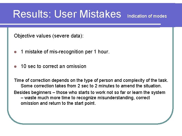 Results: User Mistakes Indication of modes Objective values (severe data): l 1 mistake of