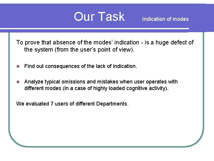 Our Task Indication of modes To prove that absence of the modes’ indication -