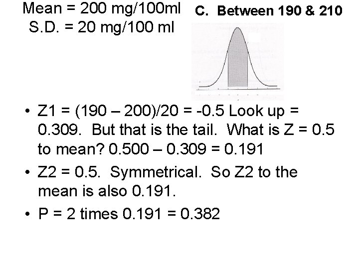 Mean = 200 mg/100 ml C. Between 190 & 210 S. D. = 20