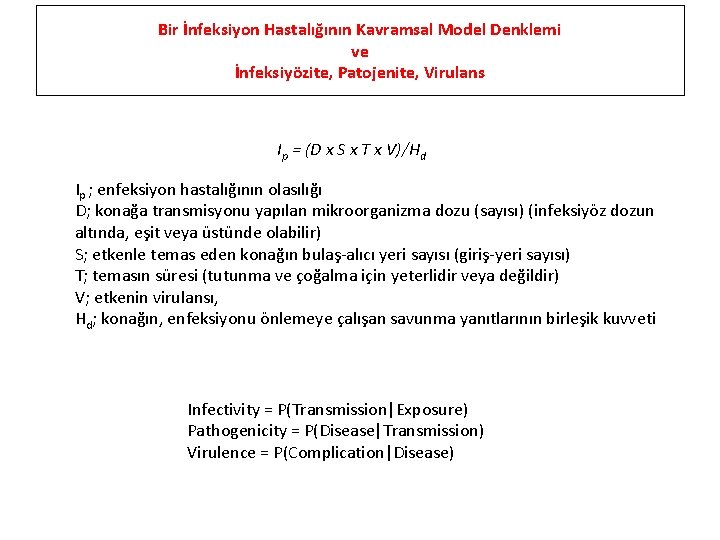 Bir İnfeksiyon Hastalığının Kavramsal Model Denklemi ve İnfeksiyözite, Patojenite, Virulans Ip = (D x