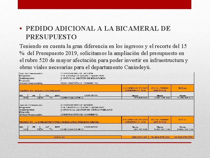  • PEDIDO ADICIONAL A LA BICAMERAL DE PRESUPUESTO Teniendo en cuenta la gran